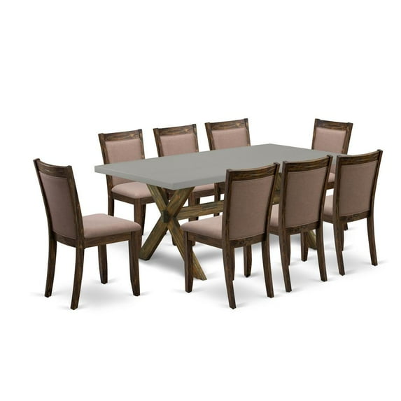 East West Furniture 9 Piece Dining Room Table Set - A Cement Top Wooden Dining Table with Trestle Base and 8 Coffee Linen Fabric Modern Dining Chairs - Distressed Jacobean Finish