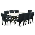 thumbnail image 1 of East West Furniture X627FO624-9 9 Piece Dining Set - 8 Black Linen Fabric Dining Chair Button Tufted with Nail heads and Linen White Mid Century Dining Table - Wire Brush Black Finish, 1 of 3