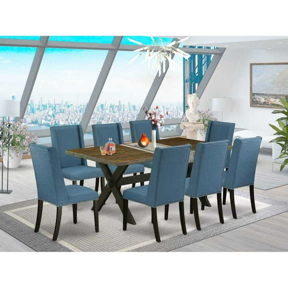 East West Furniture X677FL121-9 9-Piece Awesome Dining Table Set a Good Distressed Jacobean rectangular Table Top and 8 Awesome Linen Fabric Parson Dining Room Chairs with Nail Heads and Stylish...