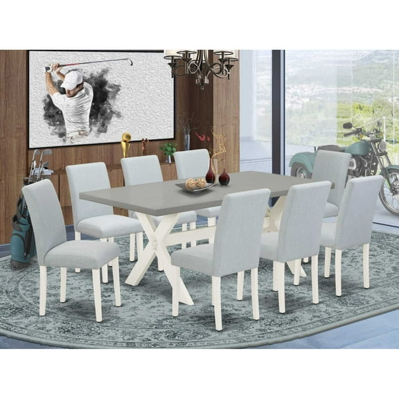 East West Furniture X-Style 9-piece Wood Dining Set in Linen White/Cement