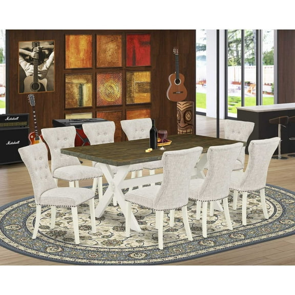 East West Furniture 9-Pc Dining Room Table Set- 8 Dining Chairs with Doeskin Linen Fabric Seat and Button Tufted Chair Back - Rectangular Table Top & Wooden Cross Legs - Distressed Jacobean and Linen