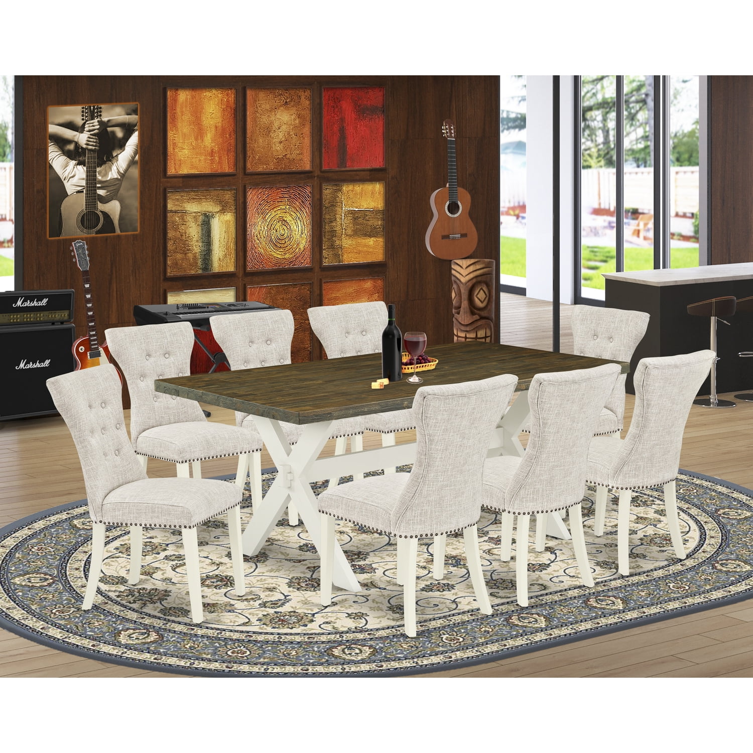 Linen White & Doeskin Distressed 9-Piece Dining Set with Tufted Chairs