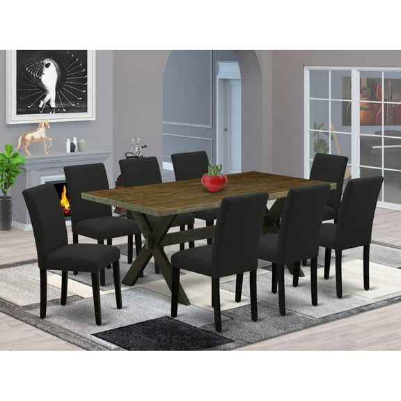 East West Furniture 9-Piece dining room table set Includes 8 Parson dining chairs with Upholstered Seat and High Back and a Rectangular Dining Table - Black Finish