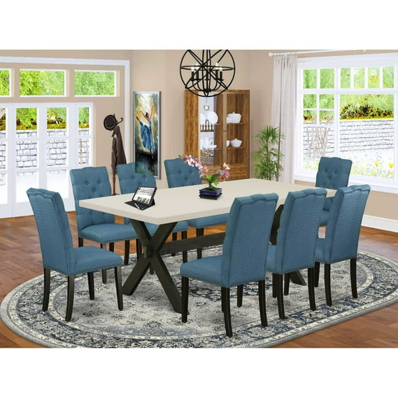East West Furniture X627EL121-9 9-Piece Amazing Dining Set a Superb Cement Color Wood Dining Table Top and 8 Beautiful Solid Wood Legs and Linen Fabric Seat Parson Chairs with Nail Heads and...