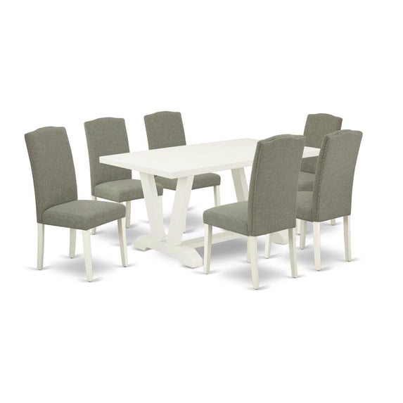 East West Furniture V-Style 7-piece Dining Table Set in White/Dark Shitake