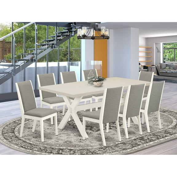 East West Furniture X027LA206-9 9-Piece Amazing Modern Dining Table Set a Good Linen White Dining Room Table Top and 8 Wonderful Solid Wood Legs and Linen Fabric seat dining chairs with Stylish Chair