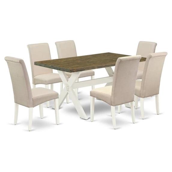 East West Furniture X076BA201-7 7-Pc Kitchen Set - 6 Dining Padded Chairs and 1 Modern Rectangular Distressed Jacobean Kitchen Dining Table Top with High Chair Back - Linen White Finish