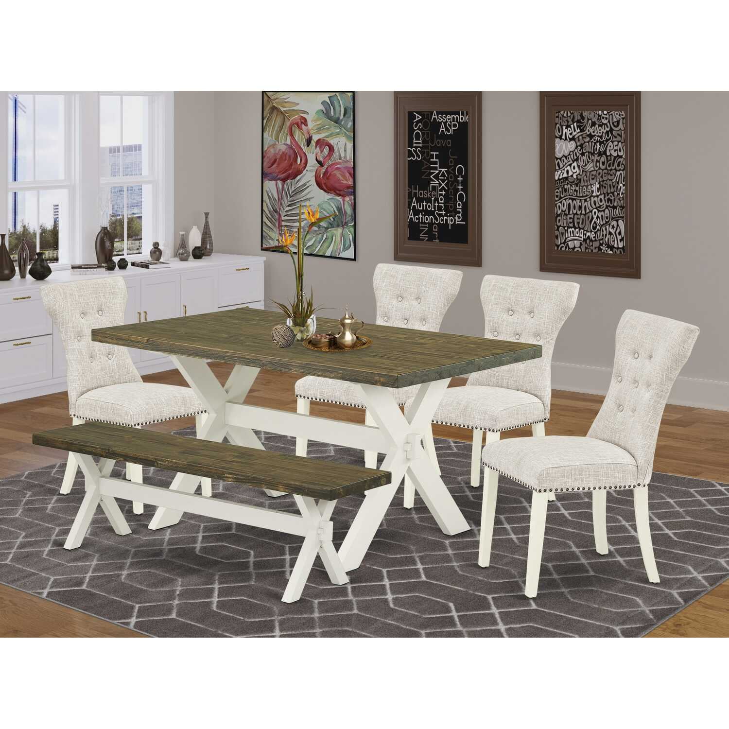 Linen White and Distressed Jacobean 6-Piece Dining Set with Padded Chairs and Bench