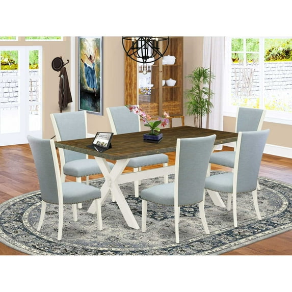 East West Furniture X077VE215-7 7 Piece Dining Room Set - 6 Baby Blue Linen Fabric Dining Room Chair with Nail Heads and Distressed Jacobean Dining Table - Linen White Finish