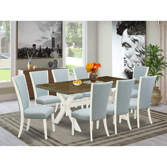 East West Furniture X077VE215-9 9 Piece Mid Century Dining Set - 8 Baby Blue Linen Fabric Upholstered Dining Chair with Nailheads and Distressed Jacobean Wood Dining Table - Linen White Finish