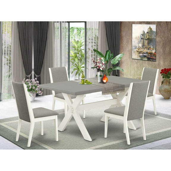 East West Furniture X096LA206-5 5-Piece Amazing Dining Room Table Set a Great Cement Color Wood Table Top and 4 Lovely Linen Fabric Dining Chairs with Stylish Chair Back, Linen White Finish