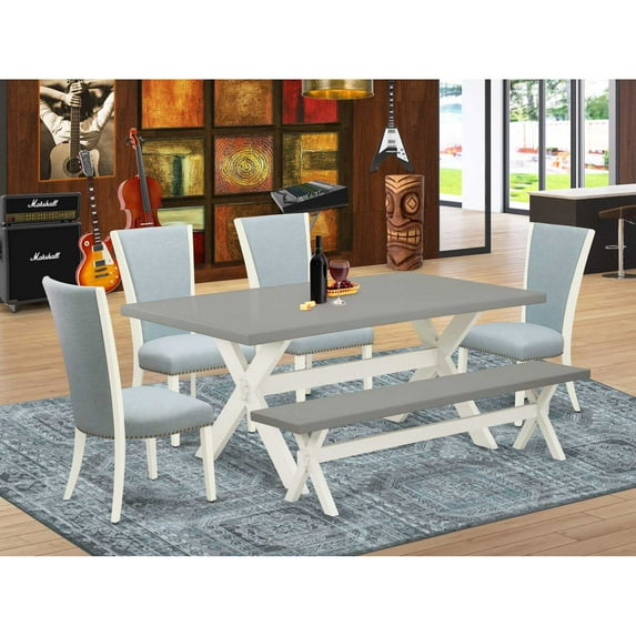 East West Furniture X097VE215-6 6 Piece Dining Set - 4 Baby Blue Linen Fabric Dining Chair with Nailheads and Cement Dining Table - 1 Wooden Bench - Linen White Finish