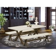 thumbnail image 1 of East West Furniture X2-727 3 Piece Modern Dining Table Set - 1 Linen White Dinning Table and 2 Dining Room Bench - Stable and Sturdy Construction - Distressed Jacobean Finish, 1 of 9