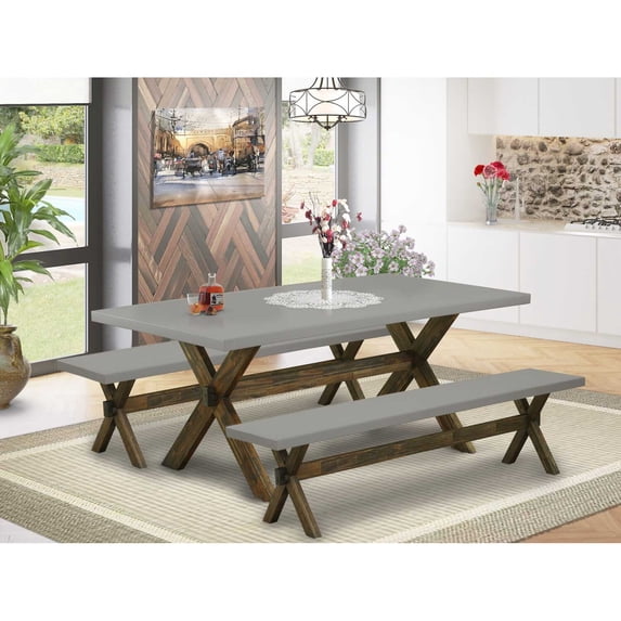 East West Furniture X2-797 3 Piece Kitchen Set - 1 Cement Dining Room Table and 2 Wood Bench - Stable and Sturdy Constructed - Distressed Jacobean Finish