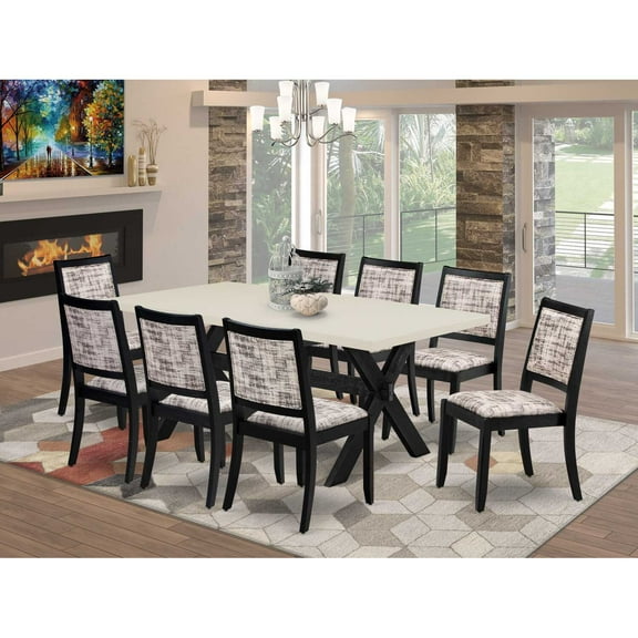 East West Furniture X627X2630-9 - 9-pc modern kitchen set - a table & 8 stackable chairs with White & Gray Pattern Faux Leather - Wire-brushed Black