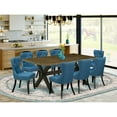 thumbnail image 1 of East West Furniture X677SI121-9 9-Pc Dining Room Set- 8 Dining Padded Chairs with Blue Linen Fabric Seat and Button Tufted Chair Back - Rectangular Table Top & Wooden Cross Legs - Distressed Jacobean, 1 of 10