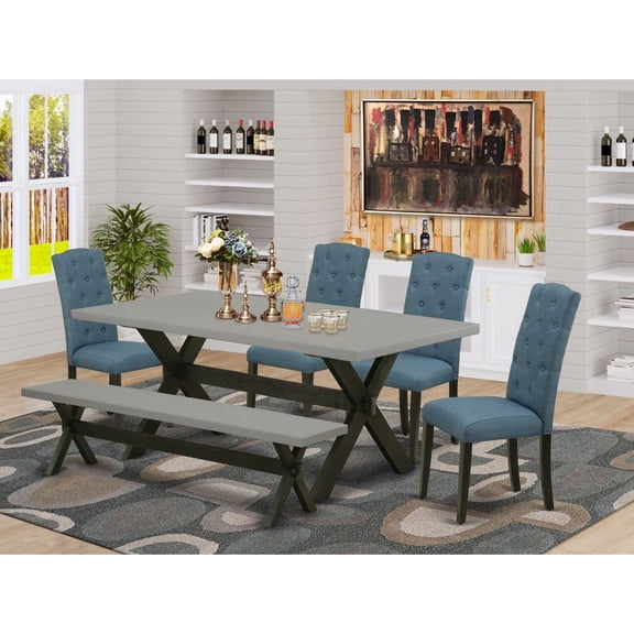 East West Furniture X697CE121-6 6-Pc Dining Room Table Set - 4 Dining Padded Chairs, a Kitchen Bench Cement Top and 1 Modern Cement Breakfast Table Top - Wire Brushed Black Finish
