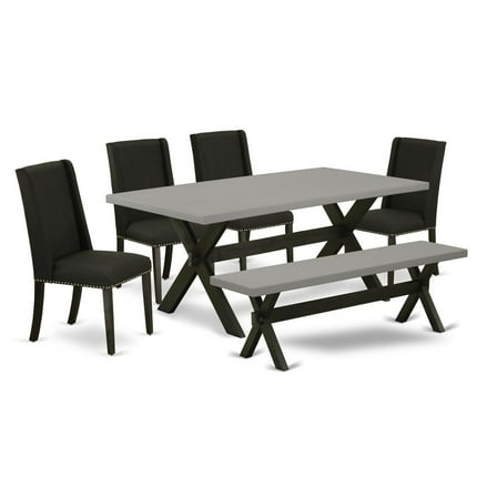 East West Furniture X-Style 6-piece Wood Dining Table Set with Bench in Black