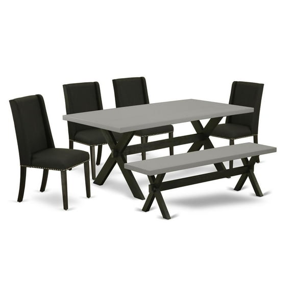 East West Furniture X-Style 6-piece Wood Dining Table Set with Bench in Black