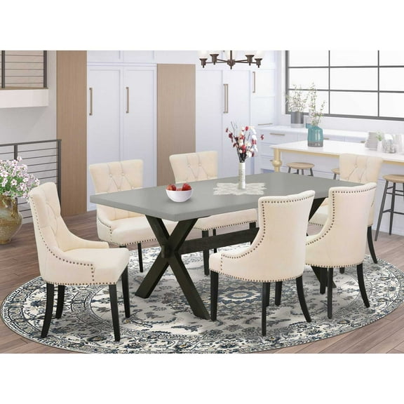 East West Furniture X697FR102-7 7-Pc Dinette Room Set - 6 Kitchen Chairs and 1 Modern Rectangular Cement Kitchen Dining Table Top with Button Tufted Chair Back - Wire Brushed Black Finish