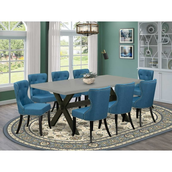East West Furniture X697SI121-9 9-Pc Dining Room Set- 8 Mid Century Dining Chairs with Blue Linen Fabric Seat and Button Tufted Chair Back - Rectangular Table Top & Wooden Cross Legs - Cement and...