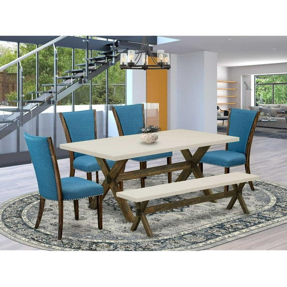 East West Furniture X727VE721-6 6 Piece Table Set - 4 Black Linen Fabric Chairs for Dining Room with Nailheads and Linen White Modern Kitchen Table - 1 Dining Room Bench - Distressed Jacobean Finish
