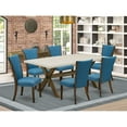 thumbnail image 1 of East West Furniture X727VE721-7 7Pc Modern Dining Table Set Consists of a Dining Table and 6 Parsons Dining Chairs with Blue Color Linen Fabric, Distressed Jacobean and Linen White Finish, 1 of 10