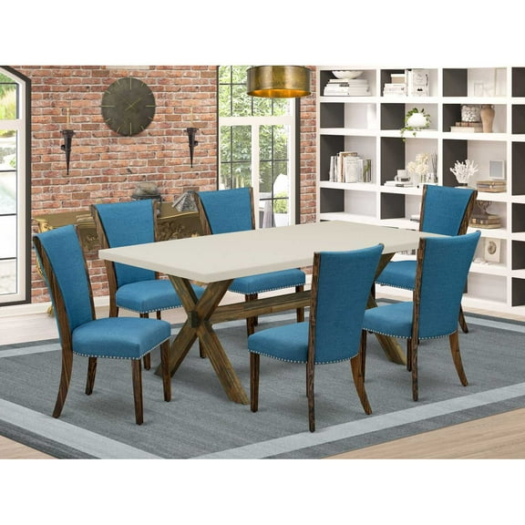 East West Furniture X727VE721-7 7Pc Modern Dining Table Set Consists of a Dining Table and 6 Parsons Dining Chairs with Blue Color Linen Fabric, Distressed Jacobean and Linen White Finish