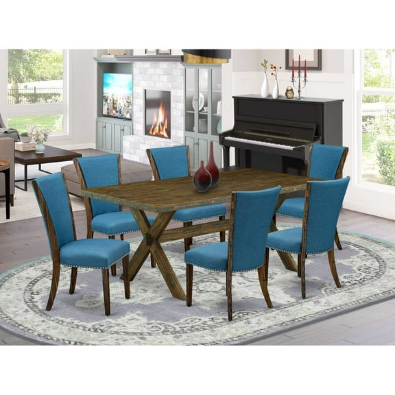 East West Furniture X777VE721-7 7Pc Dining Table set Includes a Rectangle Table and 6 Parsons Dining Room Chairs with Blue Color Linen Fabric, Distressed Jacobean Finish