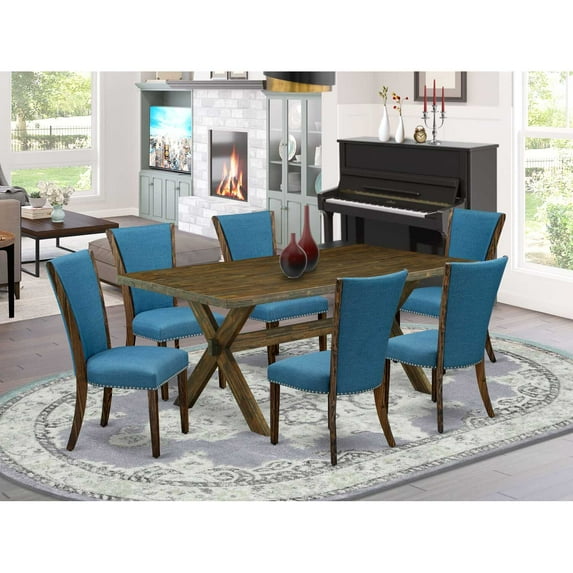 East West Furniture X777VE721-7 7Pc Dining Table set Includes a Rectangle Table and 6 Parsons Dining Room Chairs with Blue Color Linen Fabric, Distressed Jacobean Finish
