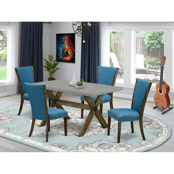 East West Furniture X796VE721-5 5Pc Dining Table set Offers a Rectangle Table and 4 Parsons Dining Chairs with Blue Color Linen Fabric, Distressed Jacobean and Cement Finish