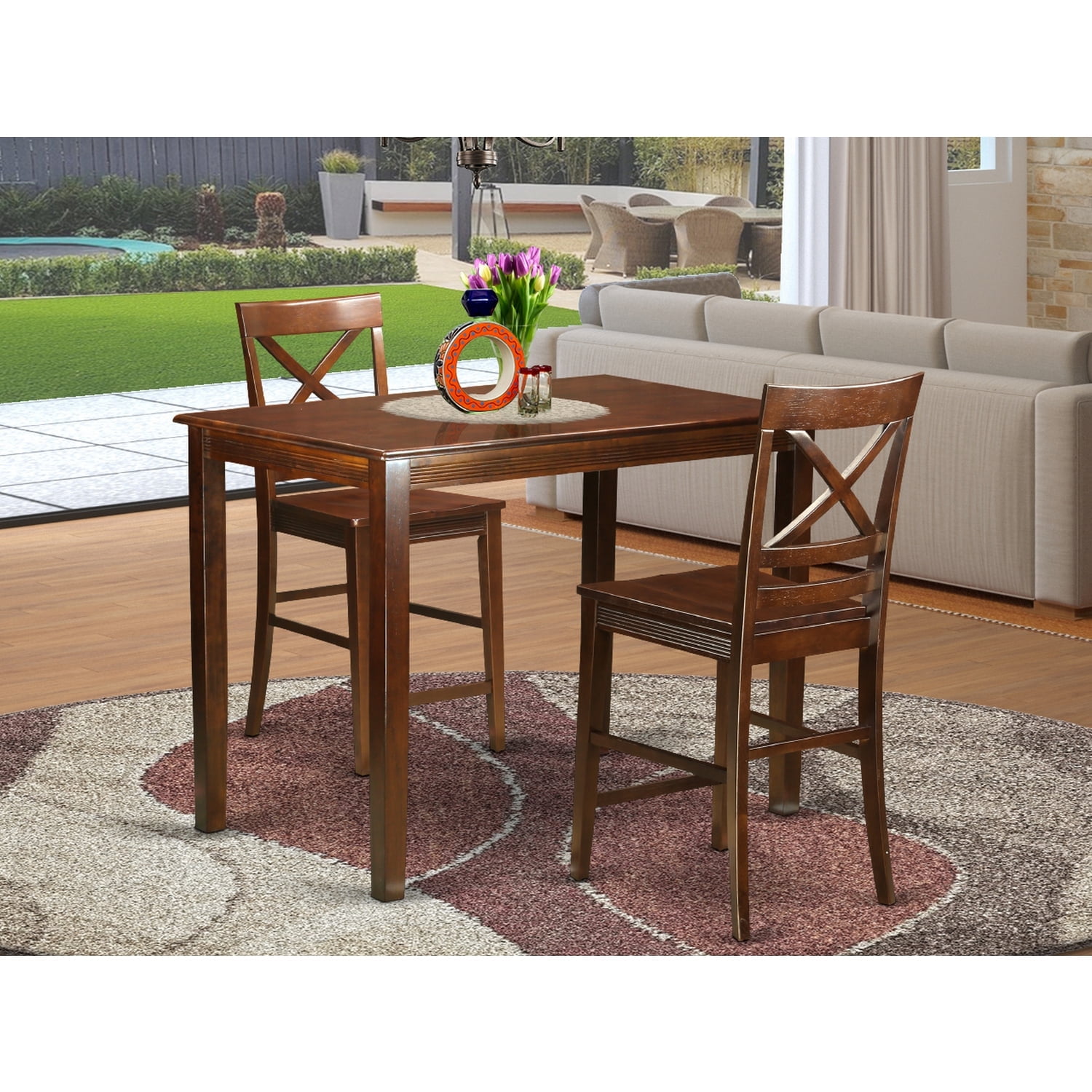 East West Furniture Yarmouth 3-piece Dining Set with Bar Stools in Black/Cherry, 1