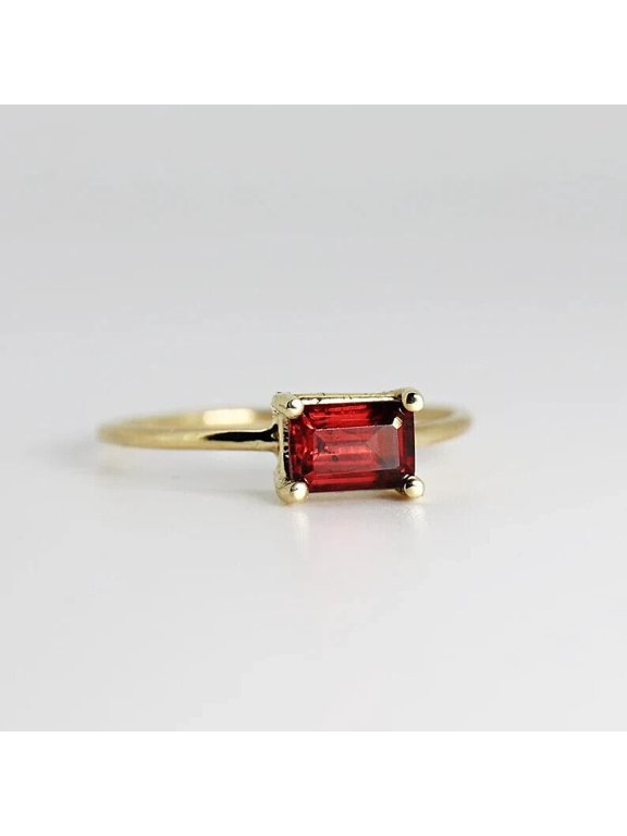 East West Garnet Ring 14k Gold Emerald Cut Red Garnet Ring Minimalist Garnet