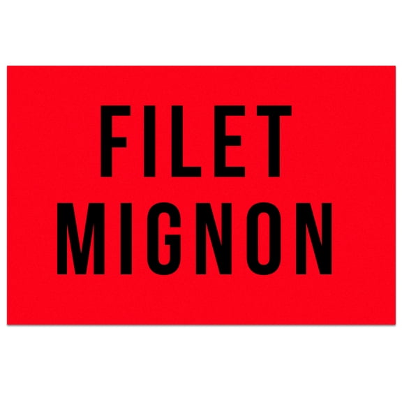 East West Label Filet Mignon Die-Cut Greaseproof Printed Label Dayglo Red with Black Print, 1.5" x 3/4" | 1000/Roll
