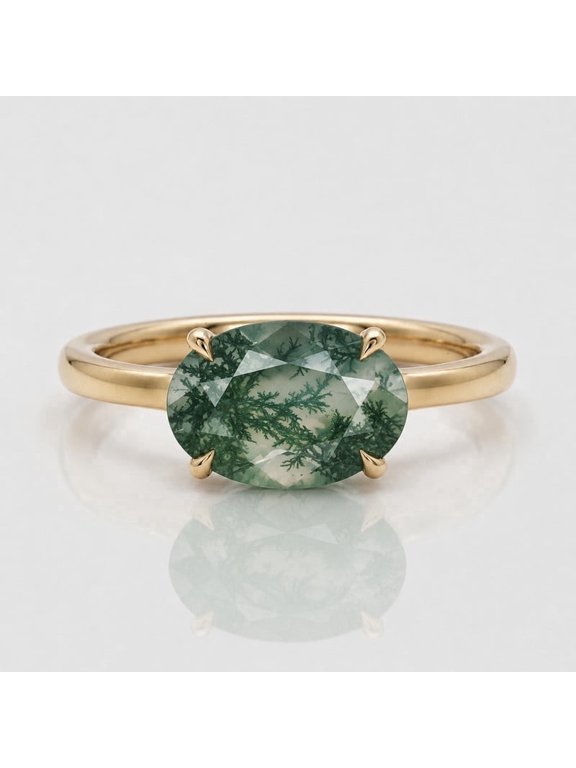 East West Oval Cut Moss Agate Promise Ring, 925 Sterling Silver Yellow Gold Plated Chunky Minimalist Ring, Handmade Jewelry, Anniversary Gift for Her