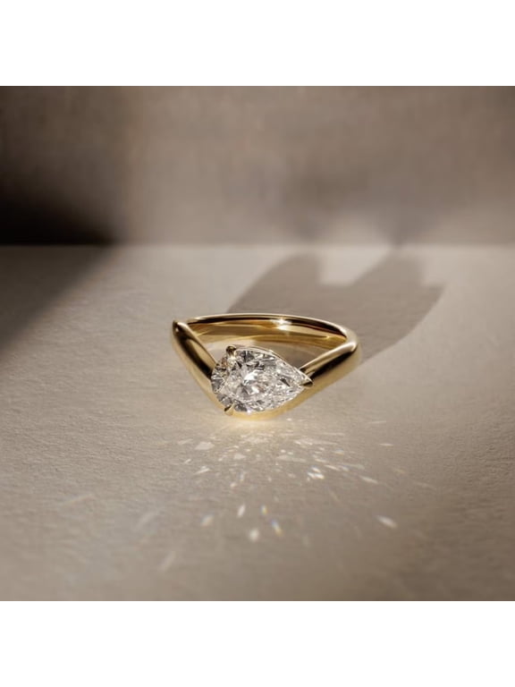 East West Pear Cut Simulated Diamond Engagement Ring in 14K Yellow Gold Vermeil - Solitaire Promise Ring - Minimalist Anniversary Proposal Ring for Women