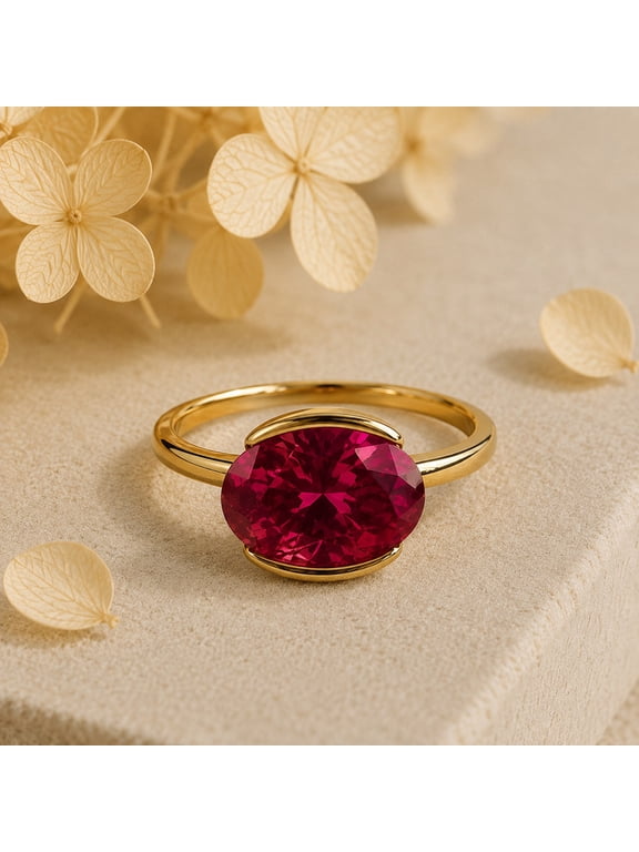 East West Ruby Ring, Oval Half Bezel Engagement Ring, Minimalist Stacking Band, Horizontal Set Promise Ring, July Birthstone, Anniversary Gift