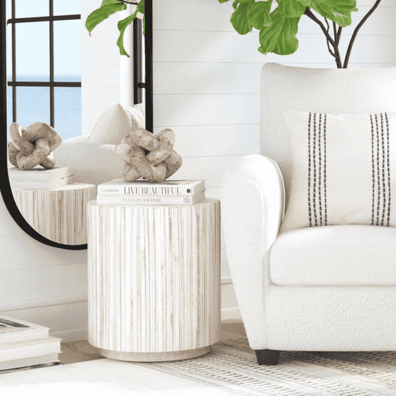 "East at Main Juliette 18.5"" Tall Round Teak Wood Rustic End Table, White Wash"