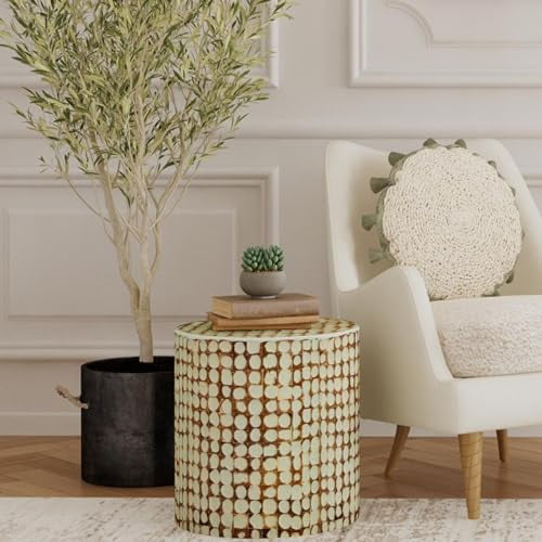 East at Main Round Side Table - Real Coconut Shell Mosaic Inlaid, Pre-Assembled, Natural Wood and Patina Finish (Sage Green)