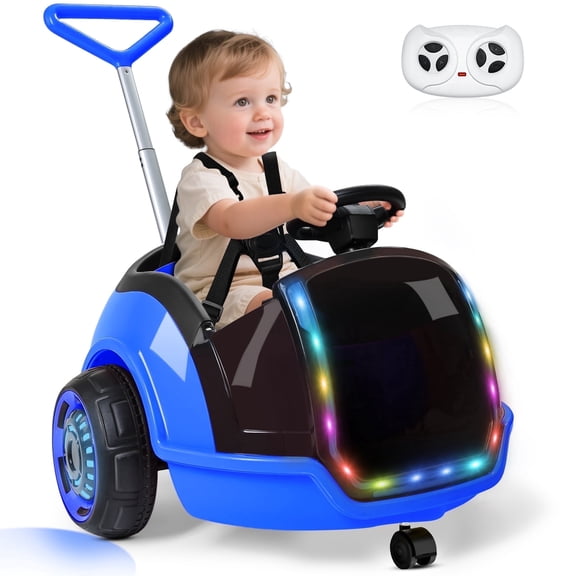 East doll Toddler Push Car, 12V Electric Ride on Toy for Kids Aged 18M-3Y, Remote Control, 360°Spin, 5-Point Safety Belt, 1.3-2.5MPH, Music, Horn, Blue