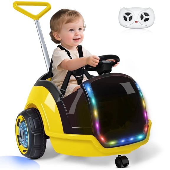 East doll Toddler Push Car, 12V Electric Ride on Toy for Kids Aged 18M-3Y, Remote Control, 360°Spin, 5-Point Safety Belt, 1.3-2.5MPH, Music, Horn, Yellow