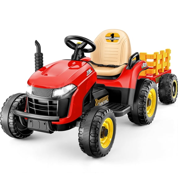 East doll 12V Ride on Tractor with Tiltable & Detachable Trailer, up to 3.1Mph Truck with Parental Remote, Music Player & Bluetooth Function, Headlight