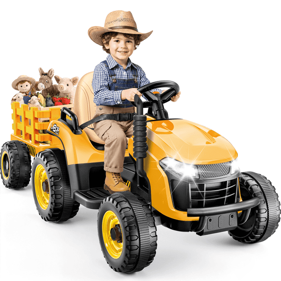 East doll 12V Ride On Tractor with Tiltable & Detachable Trailer, up to 3.3Mph Tractor with Parental Remote, Music Player, Bluetooth& Headlight, Ride On Toy for Kids Ages 2-5Y, Yellow