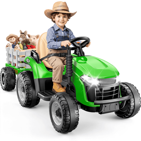 East doll 12V Ride on Tractor with Tiltable & Detachable Trailer, up to 3.1Mph Truck with Parental Remote, Music Player, Bluetooth Function & Headlight