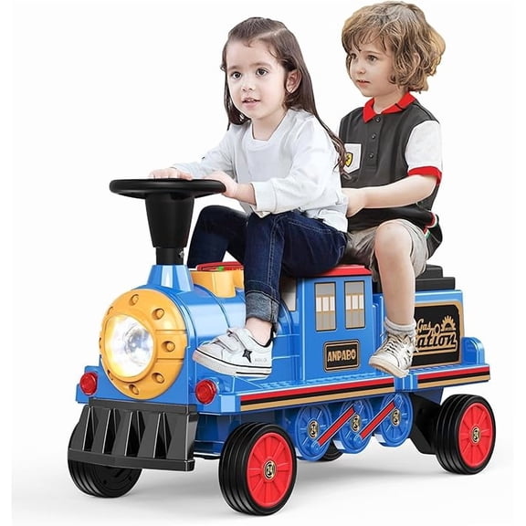 East doll 12V Ride on Train, Kids Train w/ Rubber Wheels, Storage Box, LED Headlight, Music Player, Ideal Gift for Boys Girls, Blue