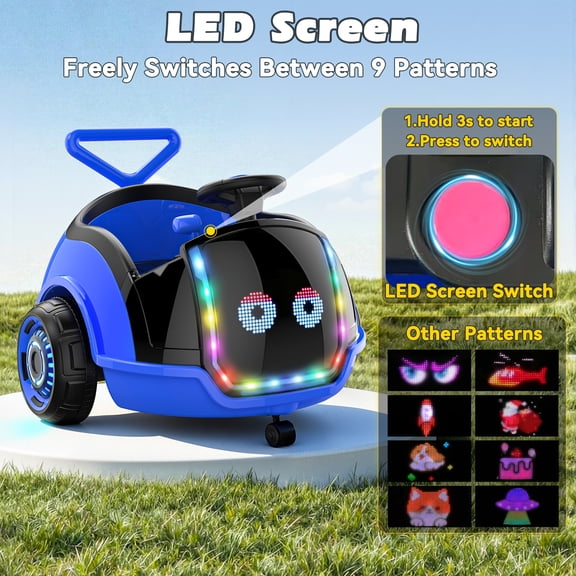 East doll 12V Toddler Electric Push Car with LED Screen, 9 Dynamic Patterns for Free Switching, Ride on Toy for Kids Aged 18M-3Y, Yellow（Upgraded Version）