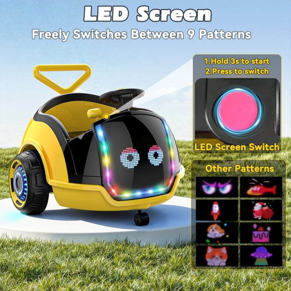 East doll 12V Toddler Electric Push Car with LED Screen, 9 Dynamic Patterns for Free Switching, Ride on Toy for Kids Aged 18M-3Y, Yellow(Upgraded Version)