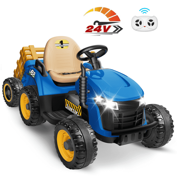 East doll 24 Volt Ride on Toys Car for Kids, Ride-on Tractor with Trailer, Electric Car for Kids, Power EVA Four Wheeler with Remote Control, 4.3Mph, Music Player, LED Light, Blue