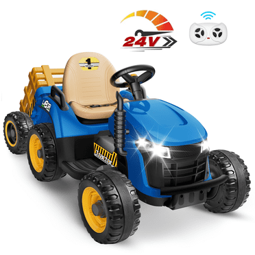 East doll 24 Volt Ride on Toys Car for Kids, Ride-on Tractor with Trailer, Electric Car for Kids, Power EVA Four Wheeler with Remote Control, 4.3Mph, Music Player, LED Light, Blue