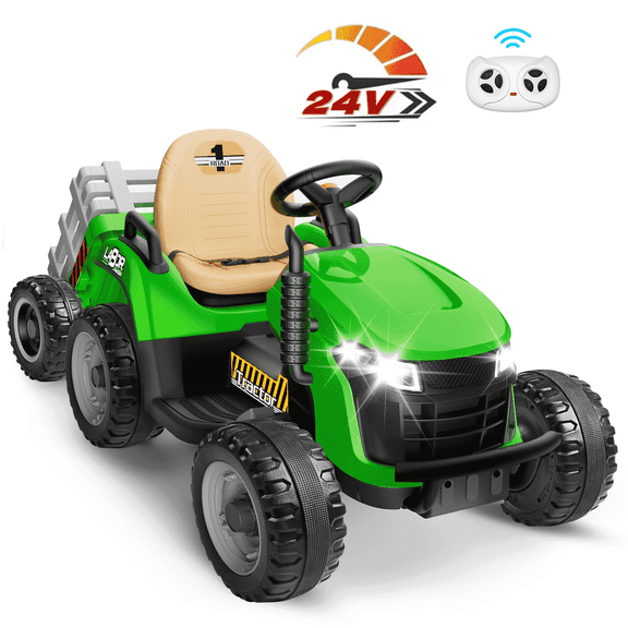 East doll 24 Volt Ride on Toys Car for Kids, Ride-on Tractor with Trailer, Electric Car for Kids, Power EVA Four Wheeler with Remote Control, 4.3Mph, Music Player, LED Light, Green
